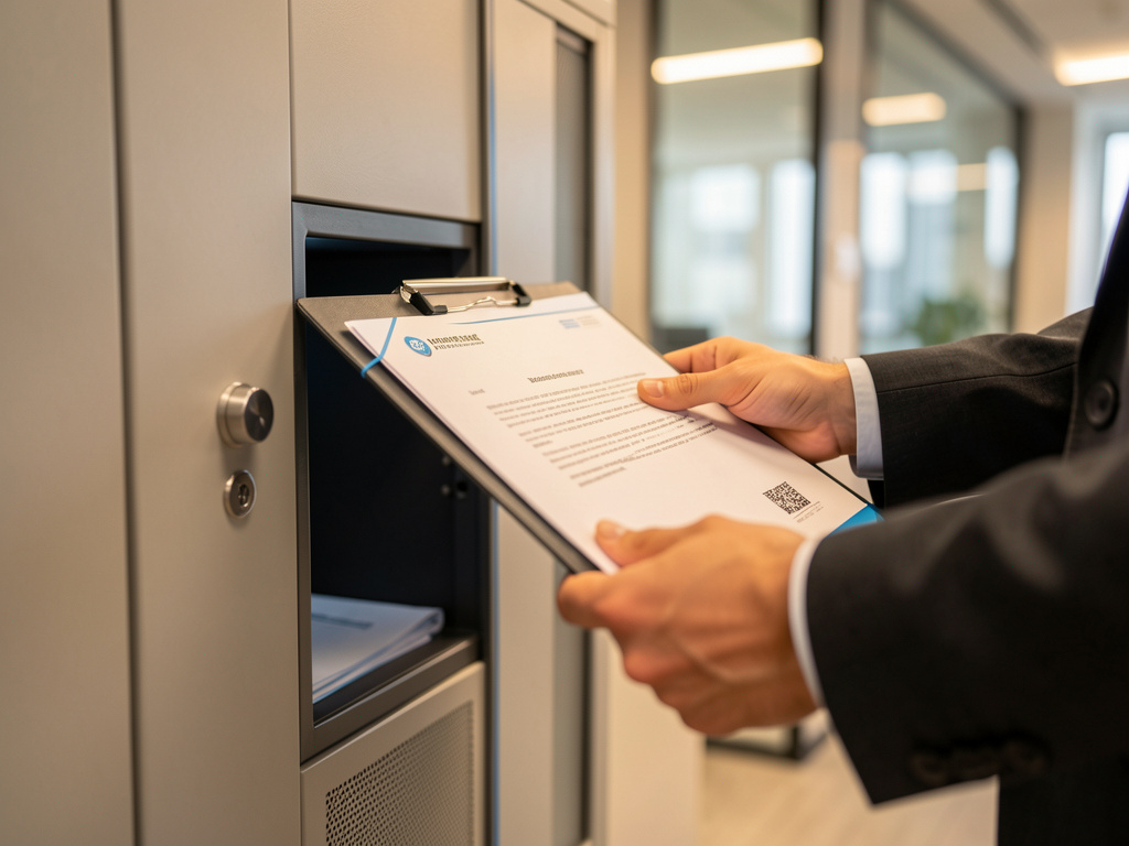 Hände legen einen versiegelten Dokumentenordner in einen sicheren Schrank – symbolisiert Datensicherheit und Vertraulichkeit