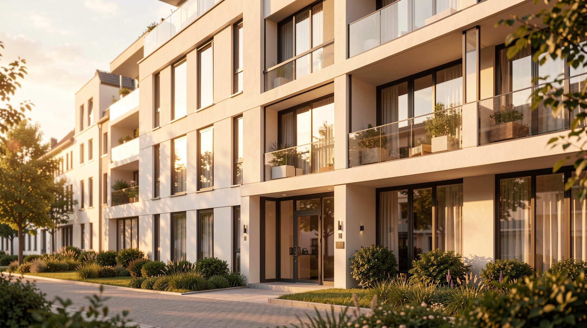 Modernes Wohngebäude in goldenem Licht – Immobilieninvestitionen